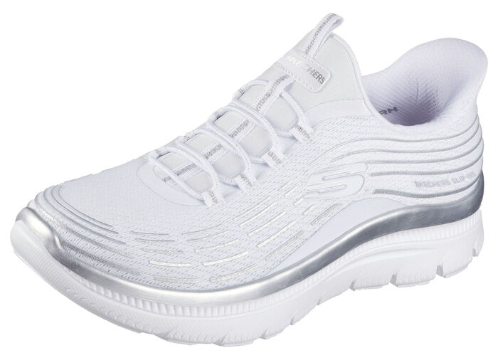 SKECHERS, stylische Damen-Sneaker, mit geformter Slip-Ins Fersenplatte WEISS-SILBER